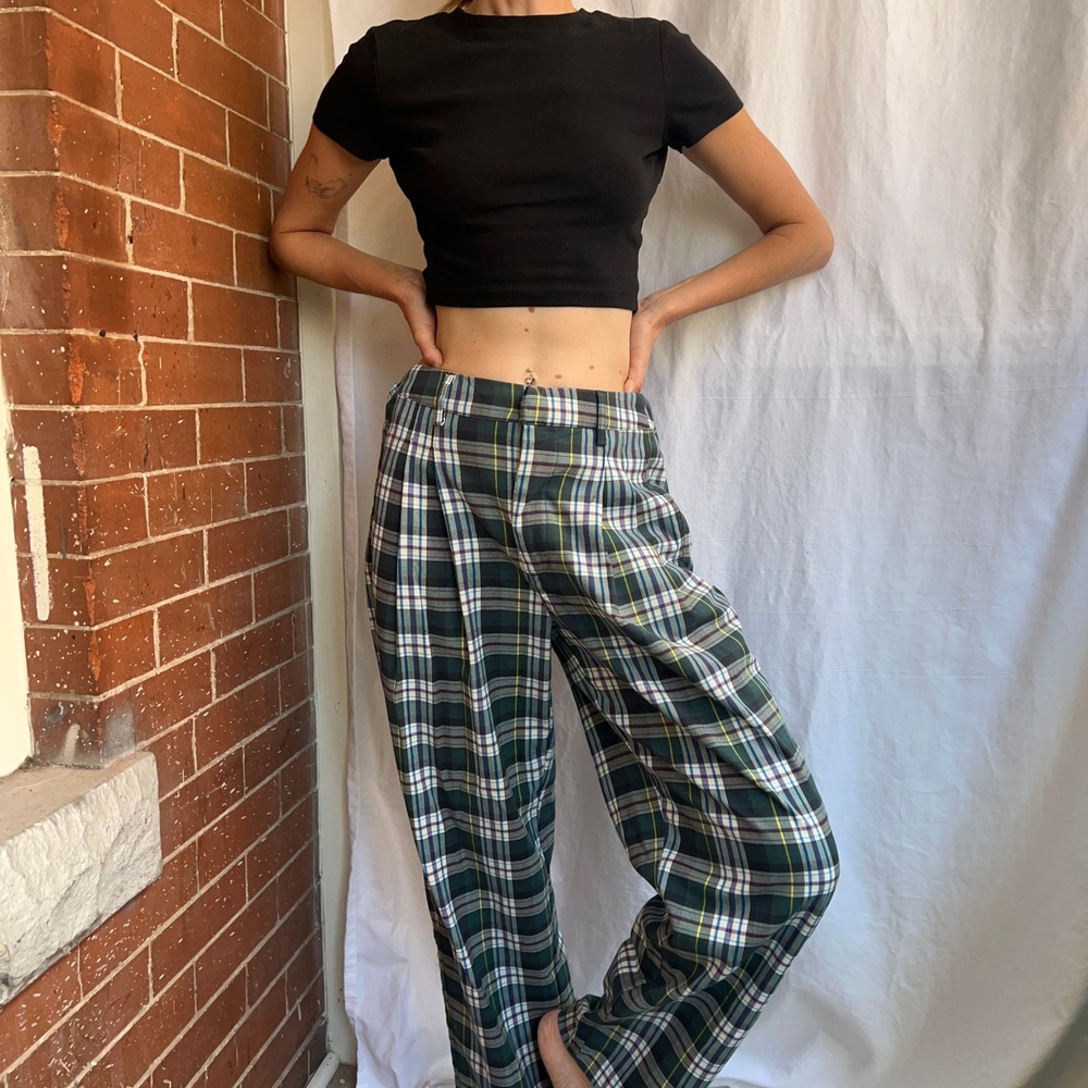 Urban Outfitters Green Plaid Pleated High Waisted Trousers Straight Leg Small
